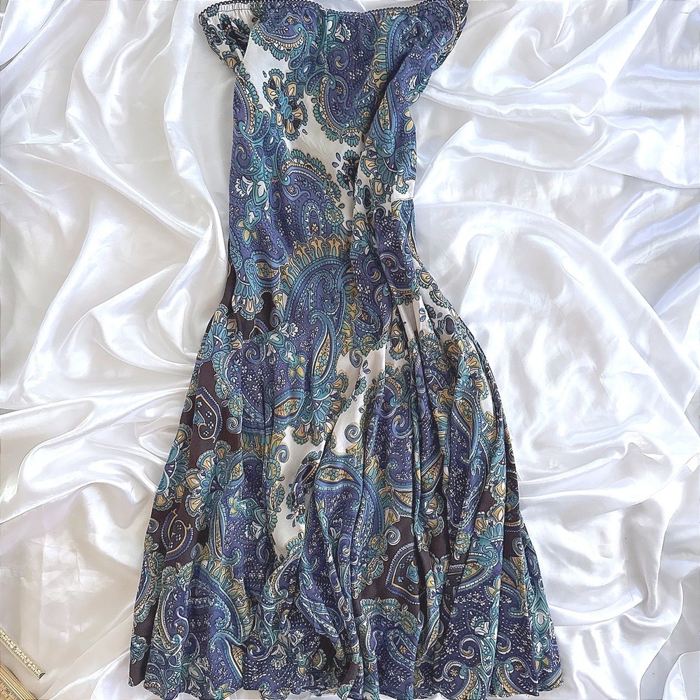 Lola P Blue Paisley Rayon Maxi Skirt Womens Medium Elastic Waist Boho Flowy